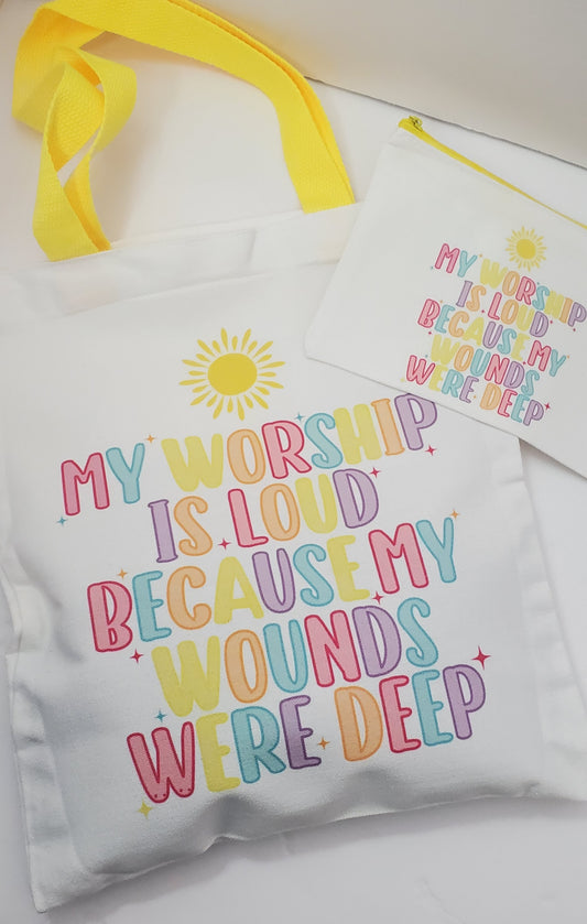 My Workship is Loud tote bag set
